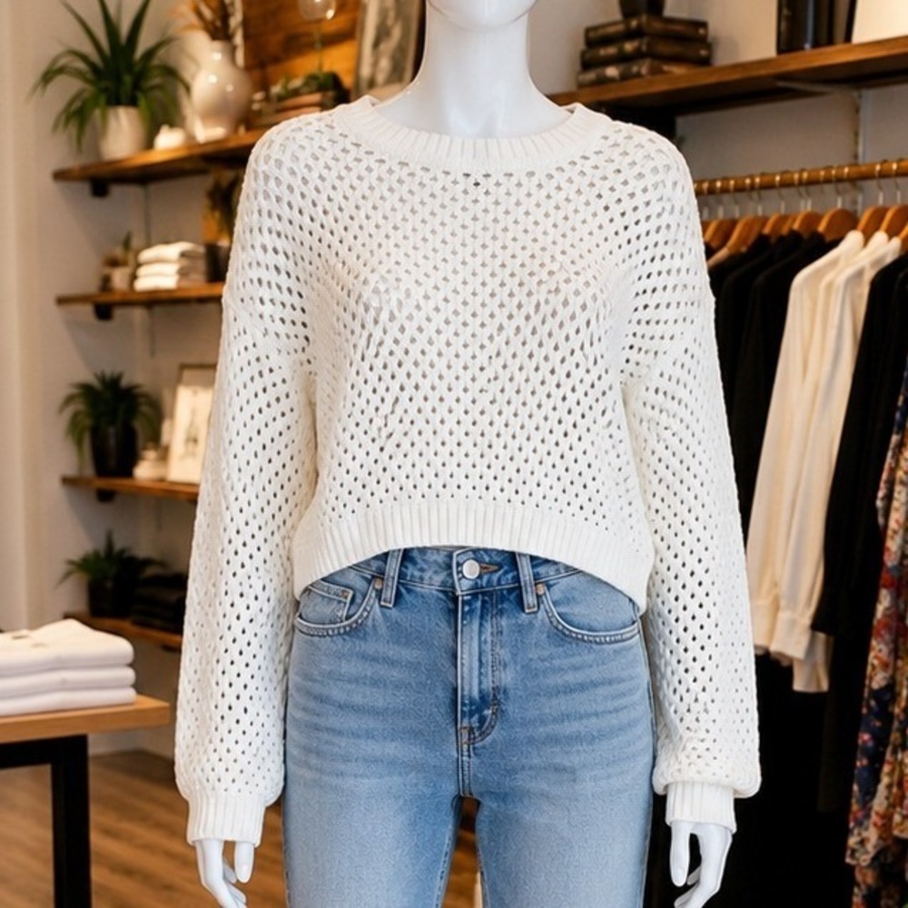 H&M Divided Women Sweater Cream Open Knit Cropped Long Sleeve M